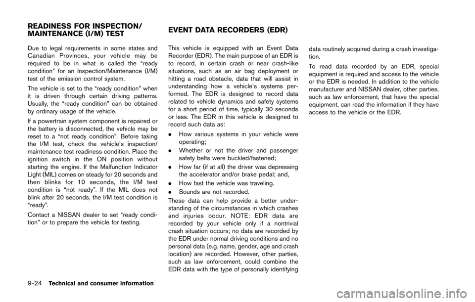 NISSAN 370Z ROADSTER 2016 Z34 Owners Manual 9-24Technical and consumer information
Due to legal requirements in some states and
Canadian Provinces, your vehicle may be
required to be in what is called the “ready
condition” for an Inspection NISSAN 370Z ROADSTER 2016 Z34 Owners Manual 9-24Technical and consumer information
Due to legal requirements in some states and
Canadian Provinces, your vehicle may be
required to be in what is called the “ready
condition” for an Inspection