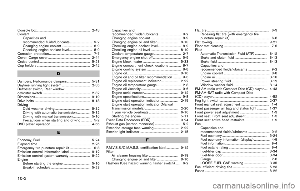 NISSAN 370Z ROADSTER 2016 Z34 Workshop Manual 10-2
Console box ................................................................. 2-43
CoolantCapacities and
recommended fluids/lubricants ........................... 9-2
Changing engine coolant ....