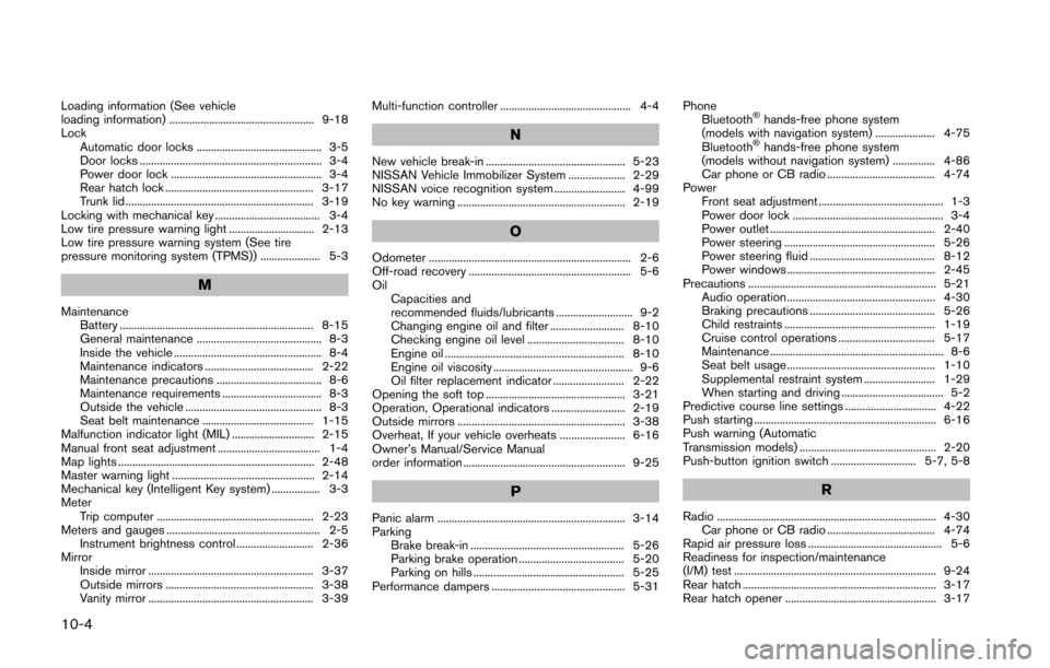 NISSAN 370Z ROADSTER 2016 Z34 Owners Manual 10-4
Loading information (See vehicle
loading information) ................................................... 9-18
LockAutomatic door locks ............................................ 3-5
Door locks