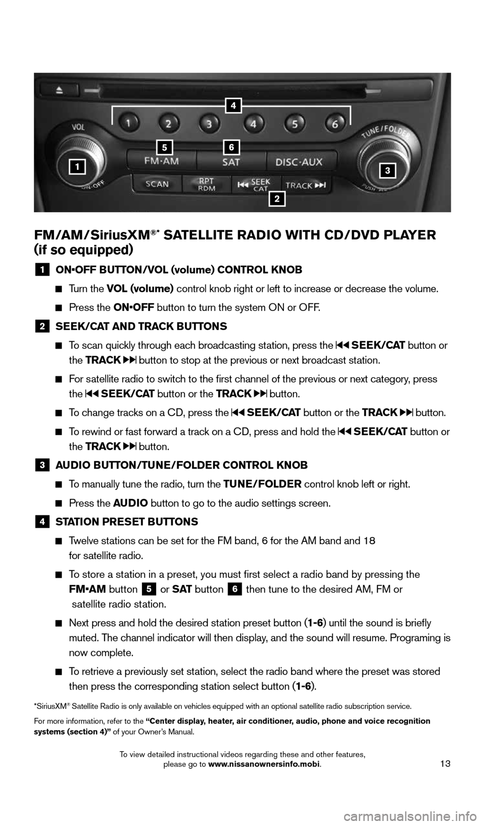 NISSAN 370Z ROADSTER 2016 Z34 Quick Reference Guide 13
FM/AM/SiriusXM®* SATELLITE RADIO WITH CD/DVD PLAYER
( if so equipped)
1 ON•OFF BUTTON/VOL (volume) CONTROL KNOB
Turn the VOL (volume) control knob right or left to increase or decrease NISSAN 370Z ROADSTER 2016 Z34 Quick Reference Guide 13
FM/AM/SiriusXM®* SATELLITE RADIO WITH CD/DVD PLAYER
( if so equipped)
1 ON•OFF BUTTON/VOL (volume) CONTROL KNOB
Turn the VOL (volume) control knob right or left to increase or decrease