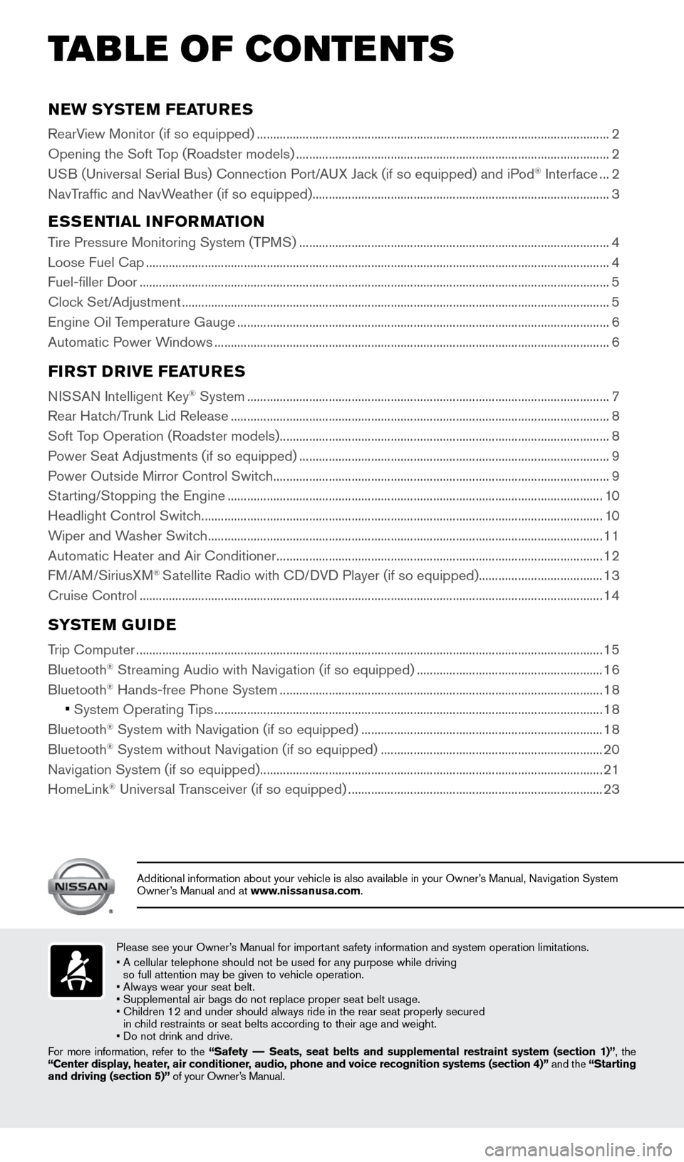 NISSAN 370Z ROADSTER 2016 Z34 Quick Reference Guide NEW SYSTEM FEATURES
RearView Monitor (if so equipped) ........................................................................\
....................................2
Opening the Soft Top (Roadster mod