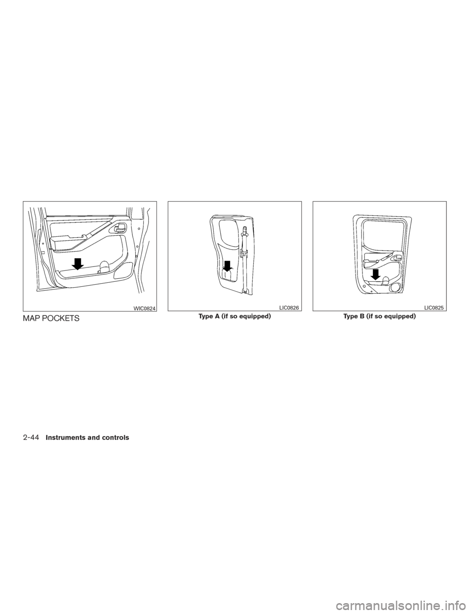 NISSAN FRONTIER 2016 D23 / 3.G Owners Manual MAP POCKETS
WIC0824
Type A (if so equipped)
LIC0826
Type B (if so equipped)
LIC0825
2-44Instruments and controls 