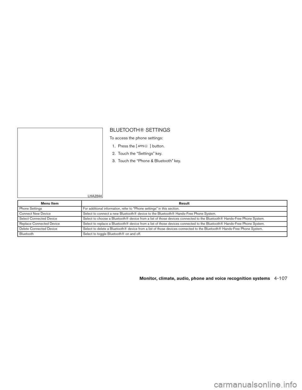 NISSAN FRONTIER 2016 D23 / 3.G Service Manual BLUETOOTH® SETTINGS
To access the phone settings:1. Press the [
] button.
2. Touch the “Settings” key.
3. Touch the “Phone & Bluetooth” key.
Menu Item Result
Phone Settings For additional inf