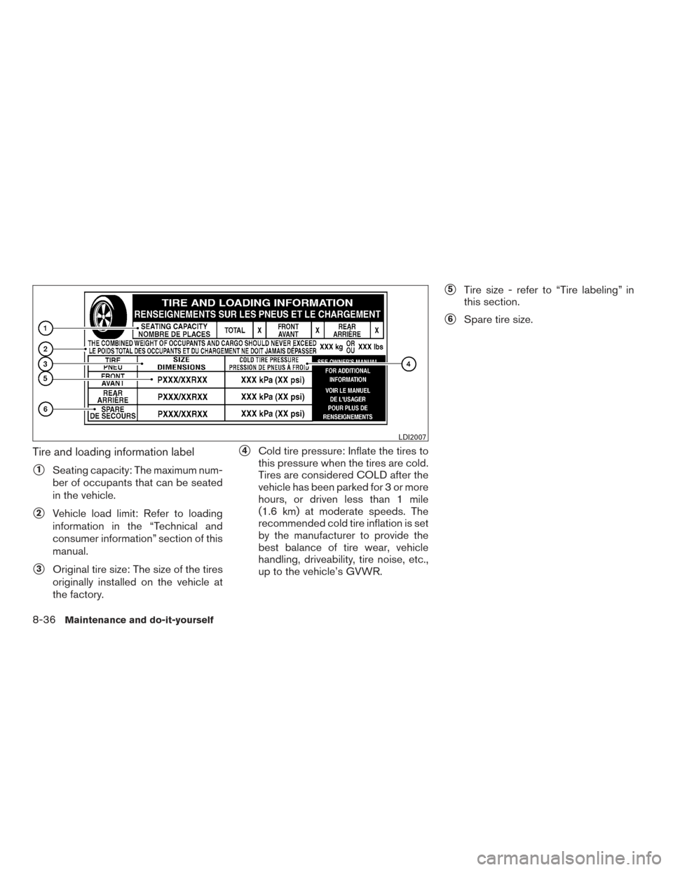 NISSAN FRONTIER 2016 D23 / 3.G User Guide Tire and loading information label
1Seating capacity: The maximum num-
ber of occupants that can be seated
in the vehicle.
2Vehicle load limit: Refer to loading
information in the “Technical and
c