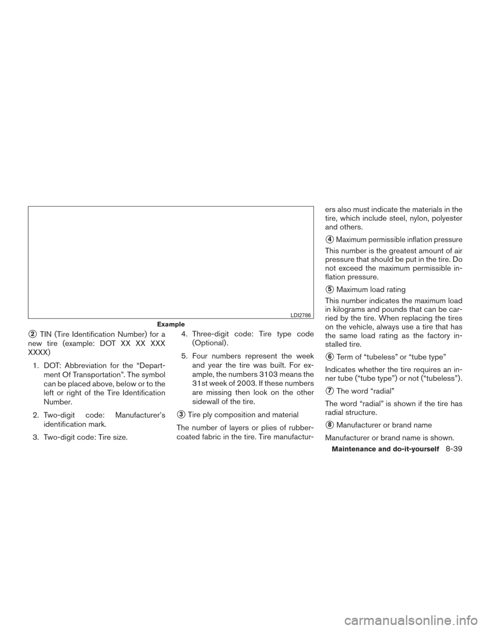 NISSAN FRONTIER 2016 D23 / 3.G Owners Manual 2TIN (Tire Identification Number) for a
new tire (example: DOT XX XX XXX
XXXX)
1. DOT: Abbreviation for the “Depart- ment Of Transportation”. The symbol
can be placed above, below or to the
left 