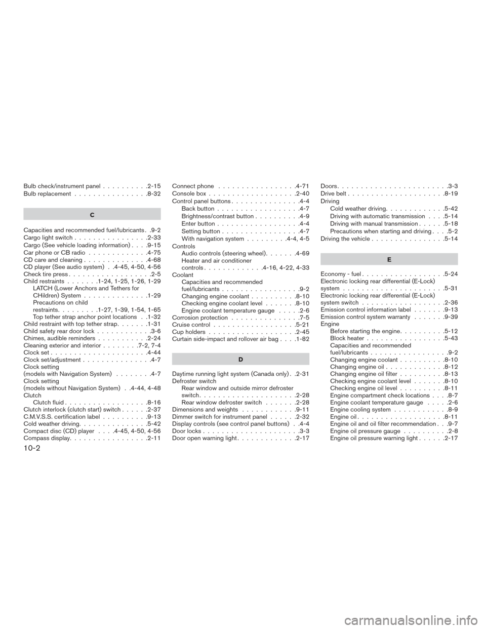 NISSAN FRONTIER 2016 D23 / 3.G User Guide Bulb check/instrument panel..........2-15
Bulb replacement ................8-32
C
Capacities and recommended fuel/lubricants . .9-2
Cargolightswitch................2-33
Cargo(Seevehicleloadinginformat