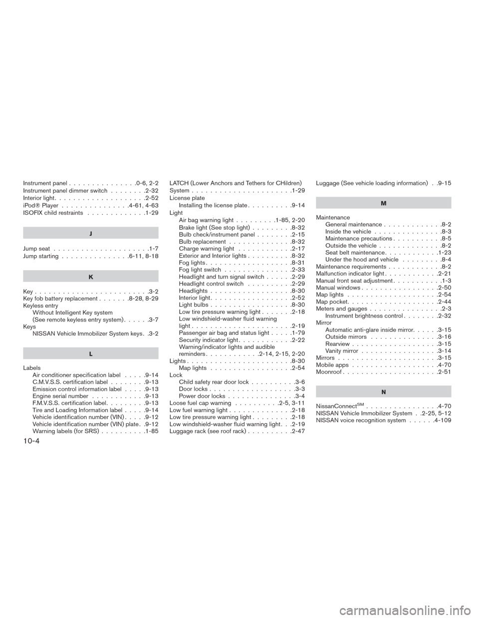 NISSAN FRONTIER 2016 D23 / 3.G User Guide Instrument panel...............0-6,2-2
Instrument panel dimmer switch ........2-32
Interiorlight....................2-52
iPod®Player ...............4-61,4-63
ISOFIX child restraints .............1-29