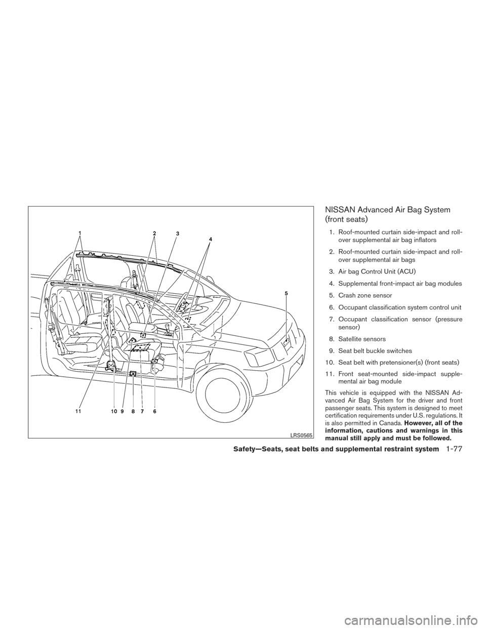 NISSAN FRONTIER 2016 D23 / 3.G Owners Manual NISSAN Advanced Air Bag System
(front seats)
1. Roof-mounted curtain side-impact and roll-over supplemental air bag inflators
2. Roof-mounted curtain side-impact and roll- over supplemental air bags
3