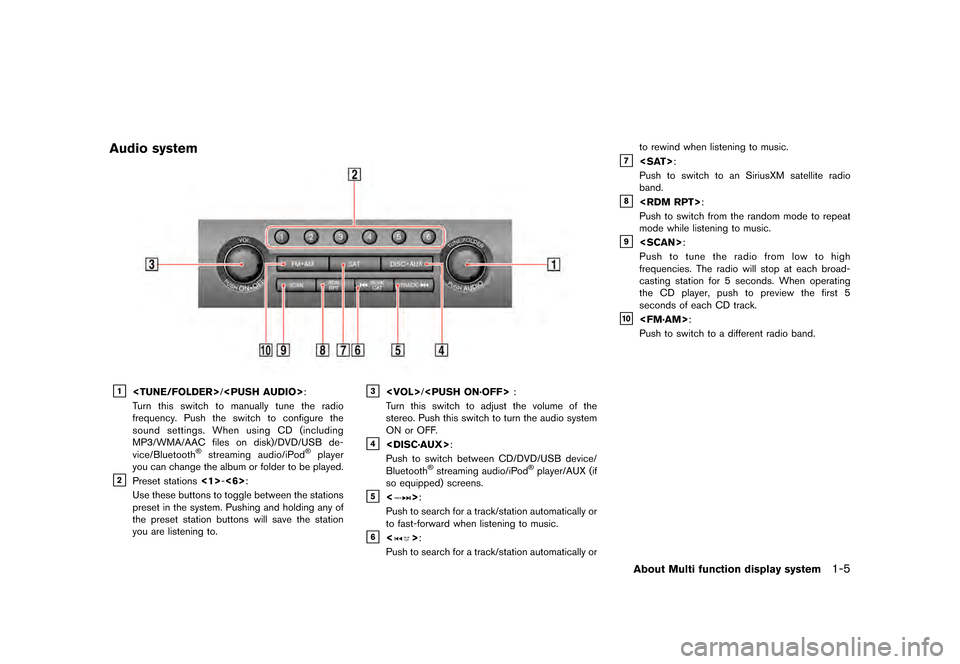 NISSAN GT-R 2016 R35 Multi Function Display Owners Manual ������
�> �(�G�L�W� ����� ��� � �0�R�G�H�O� �5����1 �@
Audio system
&1<TUNE/FOLDER>/<PUSH AUDIO>:
Turn this switch to manually tune the radio
frequency. Push the switch to configur