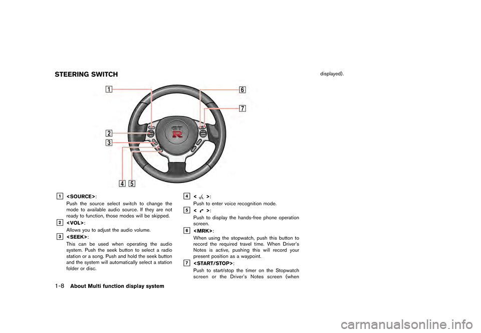 NISSAN GT-R 2016 R35 Multi Function Display User Guide ������
�> �(�G�L�W� ����� ��� � �0�R�G�H�O� �5����1 �@
1-8About Multi function display system
STEERING SWITCH
&1<SOURCE>:
Push the source select switch to change the
mode to availa