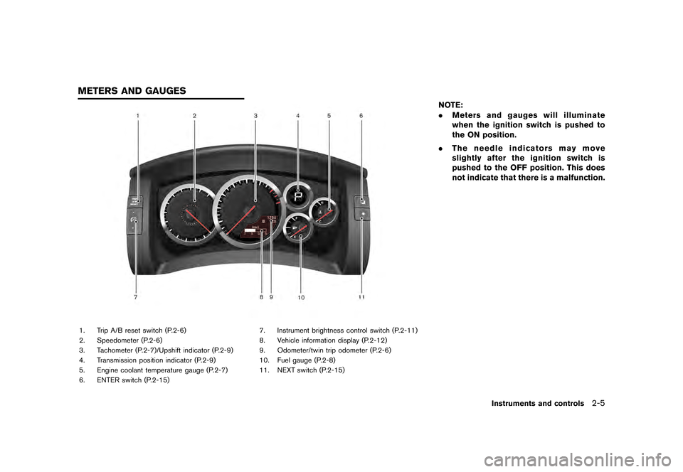 NISSAN GT-R 2016 R35 User Guide �������
�> �(�G�L�W� ����� ��� � �0�R�G�H�O� �5���� �@
1. Trip A/B reset switch (P.2-6)
2. Speedometer (P.2-6)
3. Tachometer (P.2-7)/Upshift indicator (P.2-9)
4. Transmission pos