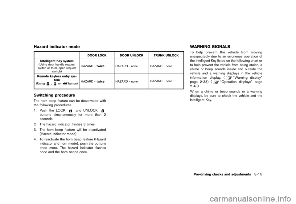 NISSAN GT-R 2016 R35 Owners Manual �������
�> �(�G�L�W� ����� ��� � �0�R�G�H�O� �5���� �@
Hazard indicator mode
DOOR LOCK DOOR UNLOCK TRUNK UNLOCK
Intelligent Key system
(Using door handle request
switch or trunk 