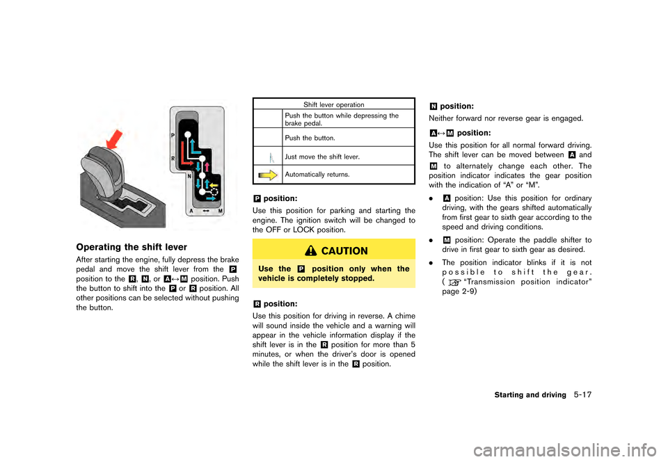 NISSAN GT-R 2016 R35 Owners Manual �������
�> �(�G�L�W� ����� ��� � �0�R�G�H�O� �5���� �@
Operating the shift lever
After starting the engine, fully depress the brake
pedal and move the shift lever from the
&P
pos