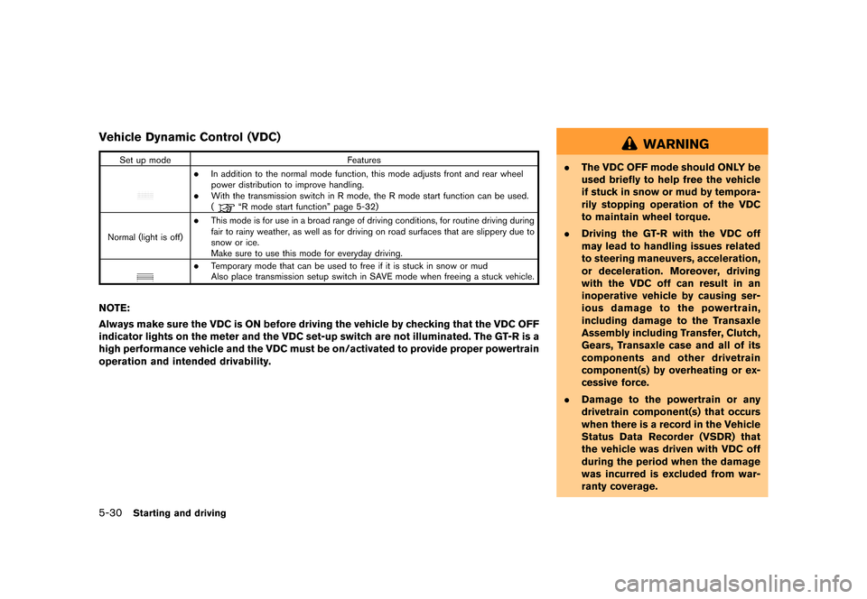 NISSAN GT-R 2016 R35 Owners Manual �������
�> �(�G�L�W� ����� ��� � �0�R�G�H�O� �5���� �@
5-30Starting and driving
Vehicle Dynamic Control (VDC)
Set up modeFeatures
.In addition to the normal mode function, this m