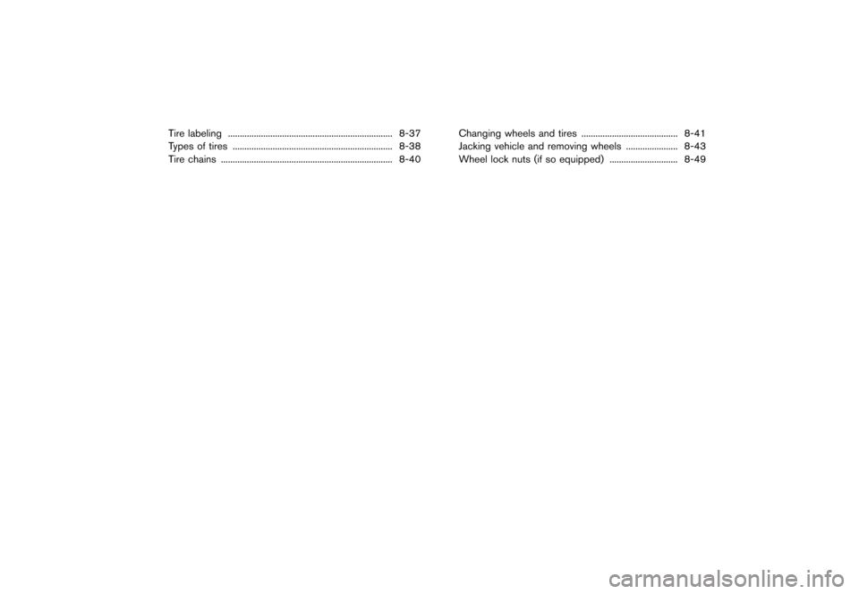 NISSAN GT-R 2016 R35 Owners Manual �������
�> �(�G�L�W� ����� ��� � �0�R�G�H�O� �5���� �@
Tire labeling...................................................................... 8-37
Types of tires ...................