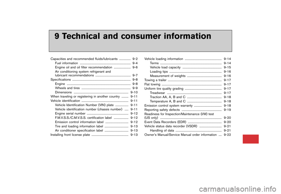 NISSAN GT-R 2016 R35 Owners Manual �������
�> �(�G�L�W� ����� ��� � �0�R�G�H�O� �5���� �@
9 Technical and consumer information
Capacities and recommended fluids/lubricants............... 9-2
Fuel information .....