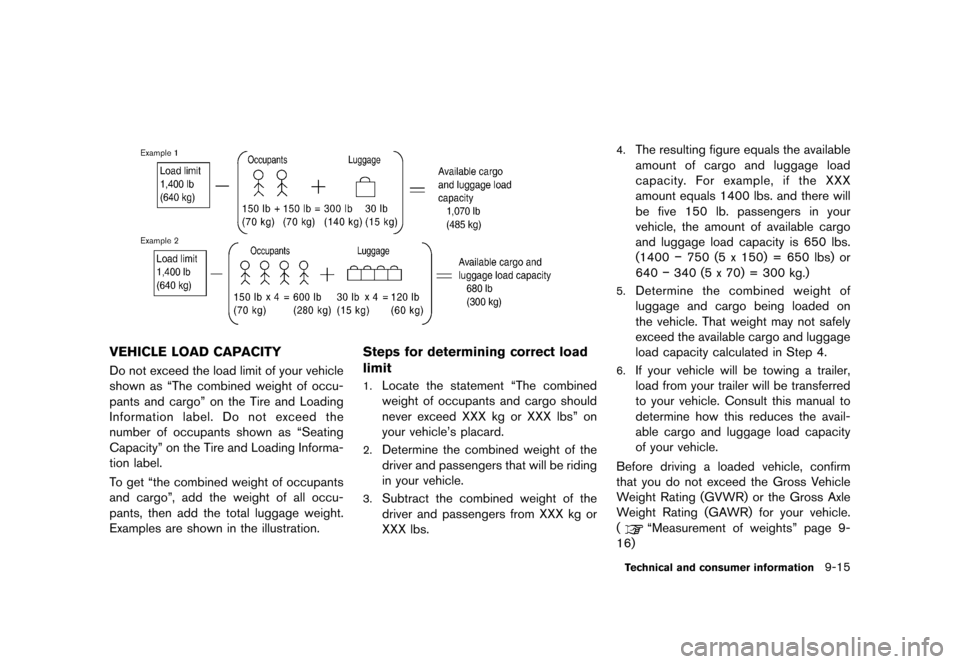 NISSAN GT-R 2016 R35 Owners Manual �������
�> �(�G�L�W� ����� ��� � �0�R�G�H�O� �5���� �@
VEHICLE LOAD CAPACITY
Do not exceed the load limit of your vehicle
shown as ªThe combined weight of occu-
pants and cargo�