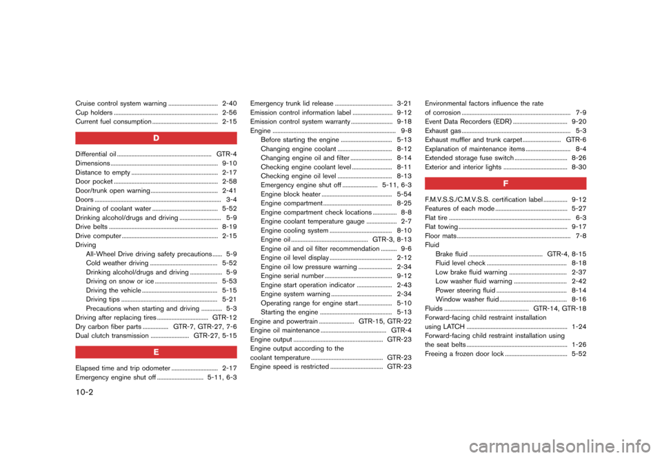 NISSAN GT-R 2016 R35 User Guide �������
�> �(�G�L�W� ����� ��� � �0�R�G�H�O� �5���� �@
10-2
Cruise control system warning ............................... 2-40
Cup holders .......................................