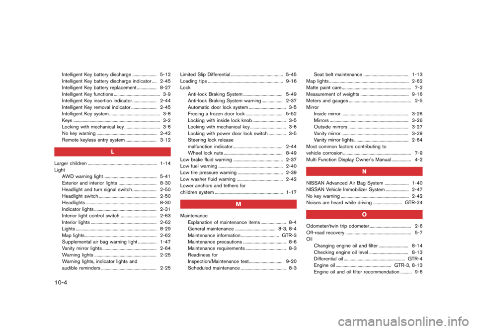 NISSAN GT-R 2016 R35 Owners Manual �������
�> �(�G�L�W� ����� ��� � �0�R�G�H�O� �5���� �@
10-4
Intelligent Key battery discharge ..................... 5-12
Intelligent Key battery discharge indicator .... 2-45
Int