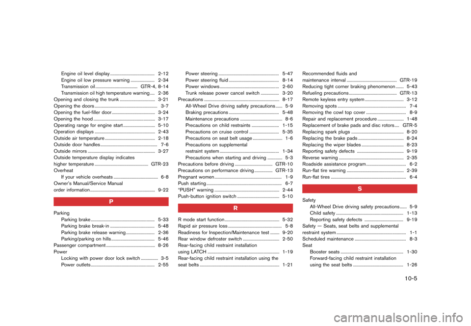 NISSAN GT-R 2016 R35 Repair Manual �������
�> �(�G�L�W� ����� ��� � �0�R�G�H�O� �5���� �@
Engine oil level display ....................................... 2-12
Engine oil low pressure warning .....................