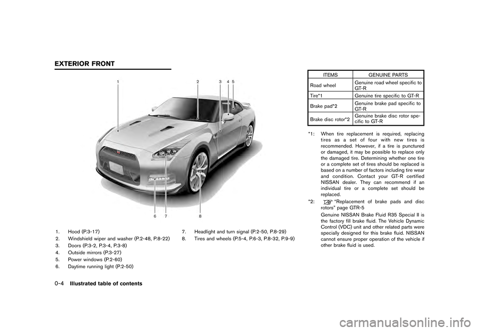 NISSAN GT-R 2016 R35 Owners Manual       
 >  ( G L W               0 R G H O   5      @
0-4Illustrated table of contents
1. Hood (P.3-17)
2. Windshield wiper and washer (P.2-48, P.8-22)
3. Doors (P.3-2, P.3-4, P.3