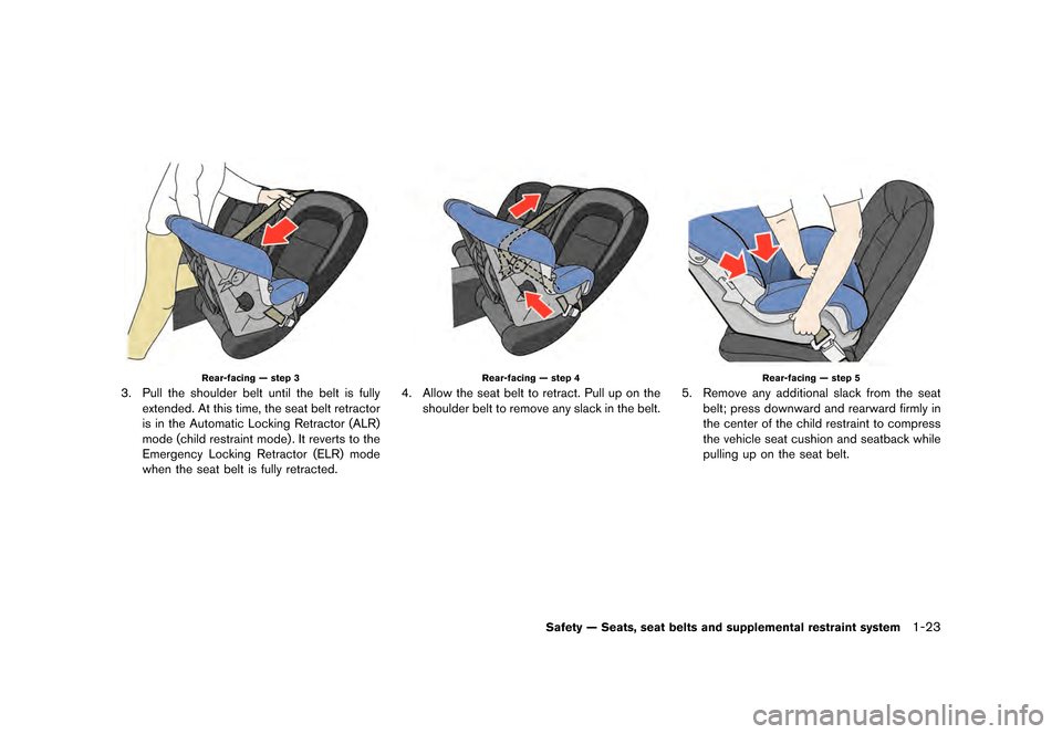 NISSAN GT-R 2016 R35 Manual PDF       
 >  ( G L W               0 R G H O   5      @
Rear-facing Ð step 3
3. Pull the shoulder belt until the belt is fullyextended. At this time, the seat belt retractor
is in 