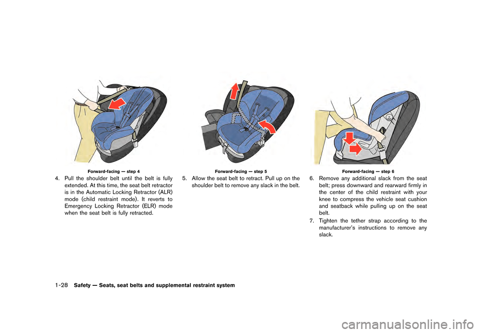 NISSAN GT-R 2016 R35 Owners Manual ������
�> �(�G�L�W� ����� ��� � �0�R�G�H�O� �5���� �@
1-28Safety Ð Seats, seat belts and supplemental restraint system
Forward-facing Ð step 4
4. Pull the shoulder belt until th