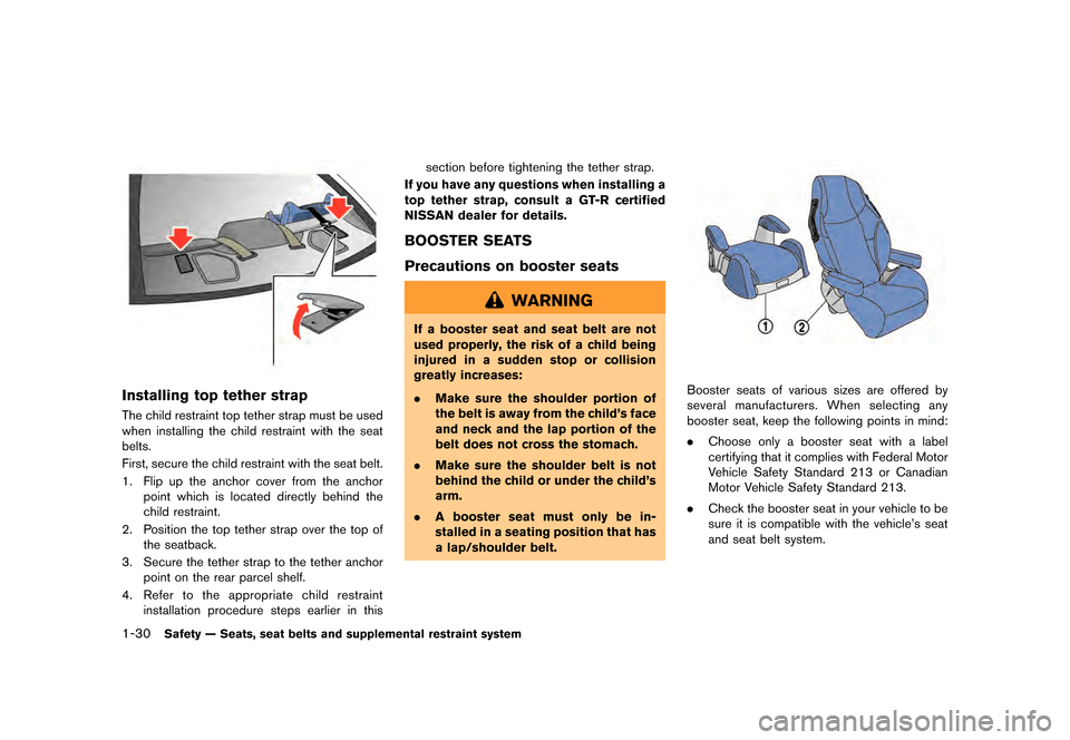 NISSAN GT-R 2016 R35 Manual PDF ������
�> �(�G�L�W� ����� ��� � �0�R�G�H�O� �5���� �@
1-30Safety Ð Seats, seat belts and supplemental restraint system
Installing top tether strap
The child restraint top tether 