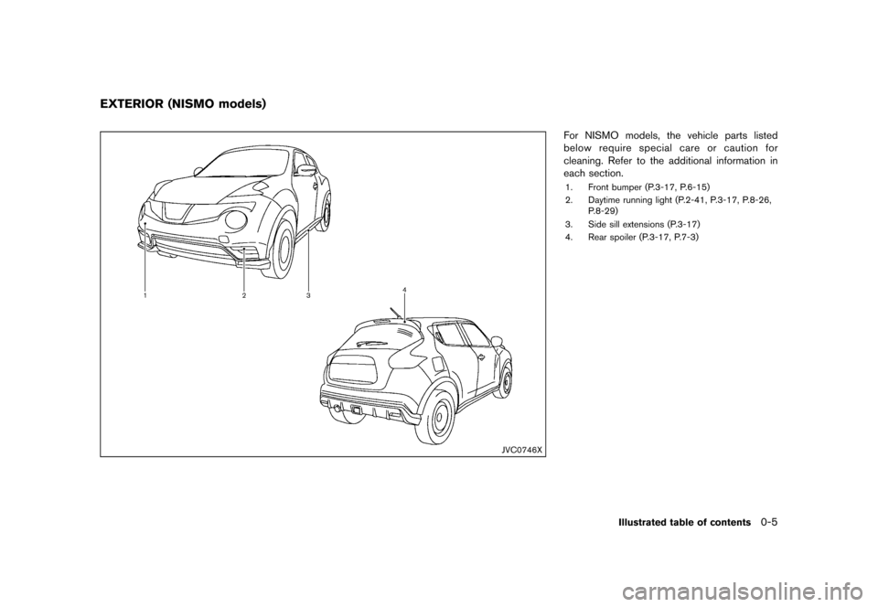 NISSAN JUKE 2016 F15 / 1.G Owners Manual ������
�> �(�G�L�W� ����� �� � �0�R�G�H�O� �)���� �@
GUID-F7611921-0BCB-4402-9BC2-1CE34390D902
JVC0746X
For NISMO models, the vehicle parts listed
below require special care or cau