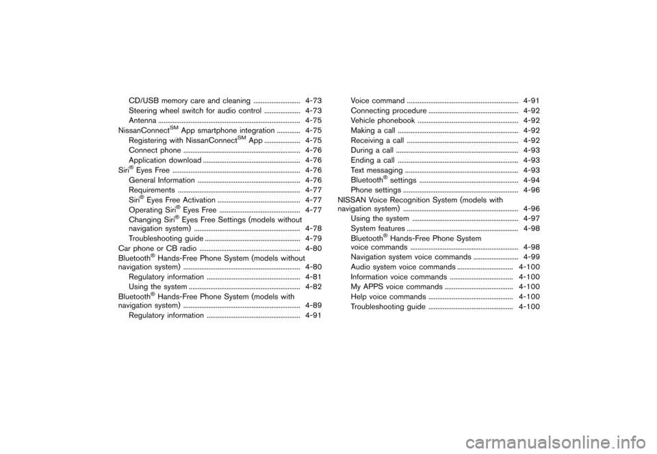 NISSAN JUKE 2016 F15 / 1.G Owners Manual �������
�> �(�G�L�W� ����� �� � �0�R�G�H�O� �)���� �@
CD/USB memory care and cleaning...
.......................... 4-73
Steering wheel switch for audio control ...
..............