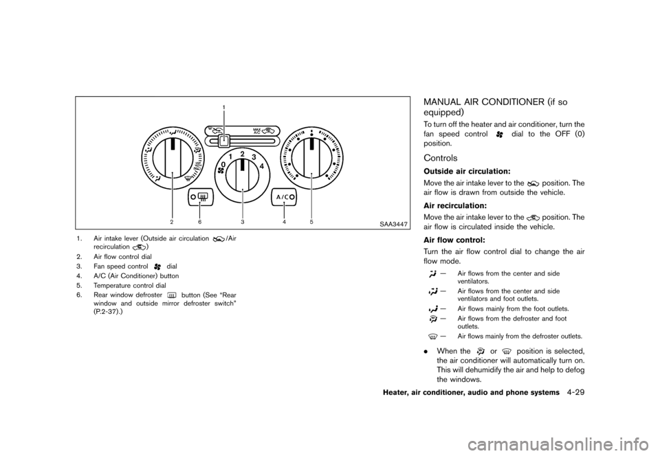 NISSAN JUKE 2016 F15 / 1.G Owners Manual �������
�> �(�G�L�W� ����� �� � �0�R�G�H�O� �)���� �@
SAA3447
1. Air intake lever (Outside air circulation/Air
recirculation)
2. Air flow control dial
3. Fan speed control
dial
4.