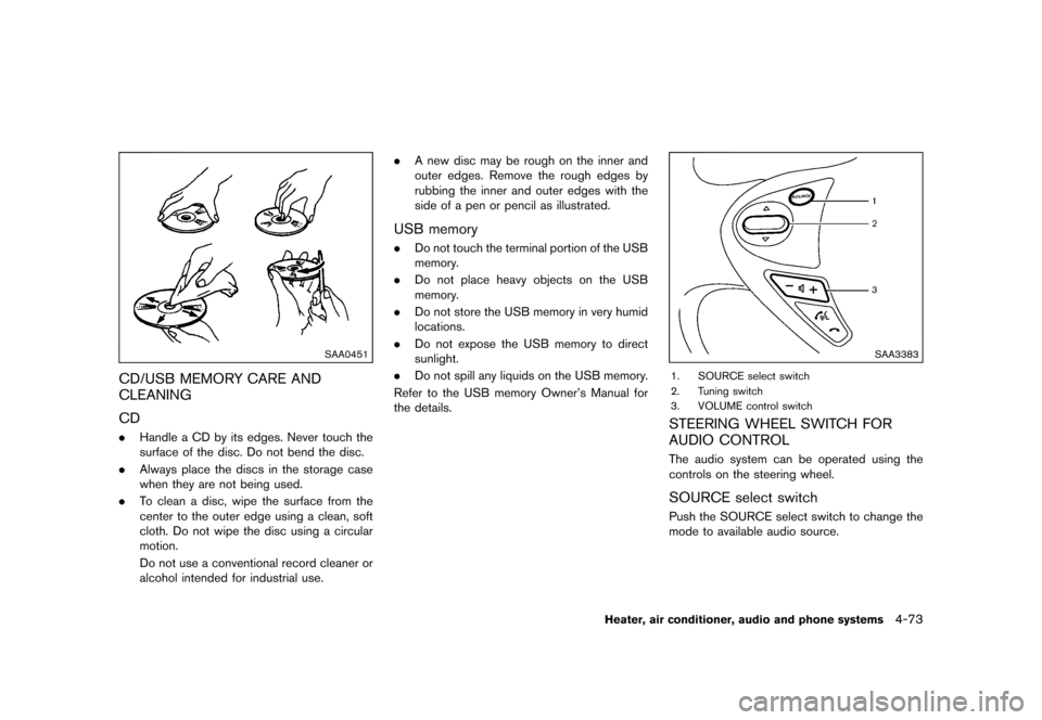 NISSAN JUKE 2016 F15 / 1.G Owners Manual �������
�> �(�G�L�W� ����� �� � �0�R�G�H�O� �)���� �@
SAA0451
CD/USB MEMORY CARE AND
CLEANING
GUID-64EAAC34-D3E6-47F3-841B-A7464B111E8A
CDGUID-72A0FA4E-7343-4A22-B467-F4E3857EF7C8