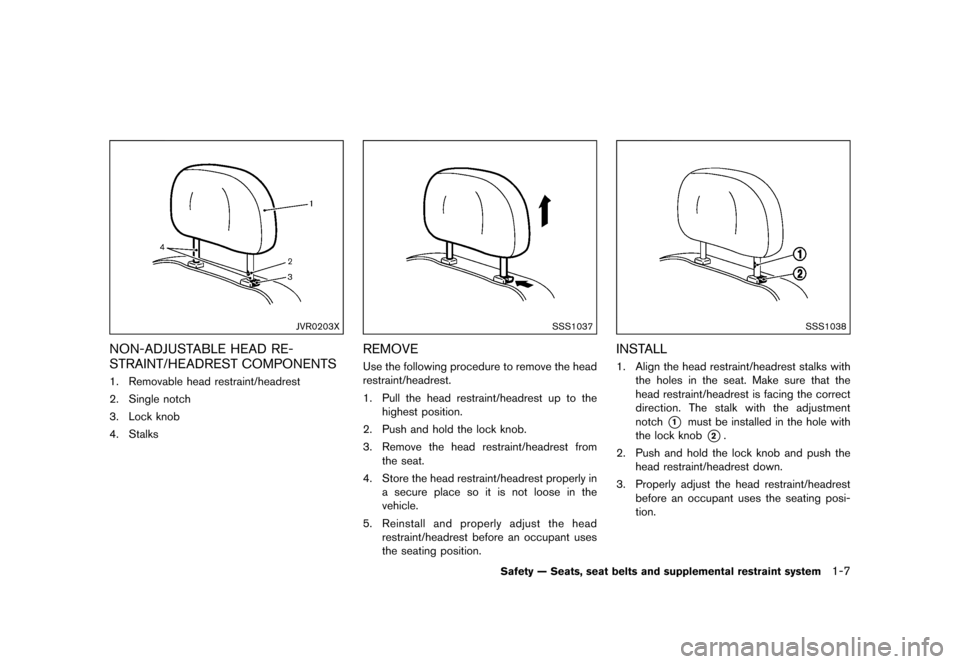 NISSAN JUKE 2016 F15 / 1.G Owners Manual ������
�> �(�G�L�W� ����� �� � �0�R�G�H�O� �)���� �@
JVR0203X
NON-ADJUSTABLE HEAD RE-
STRAINT/HEADREST COMPONENTS
GUID-3498D951-FA0F-4DBF-99C4-6C29C22045431. Removable head restrai