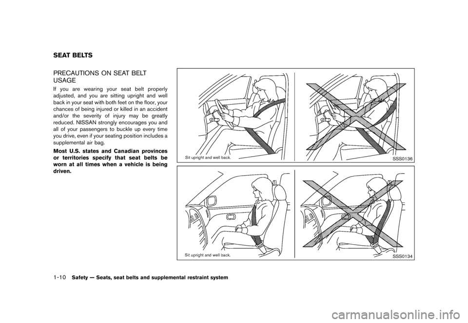 NISSAN JUKE 2016 F15 / 1.G Owners Manual ������
�> �(�G�L�W� ����� �� � �0�R�G�H�O� �)���� �@
1-10Safety Ð Seats, seat belts and supplemental restraint system
GUID-92182A0D-FB70-4BA9-81E5-FB1DCE59F1D2PRECAUTIONS ON SEAT 