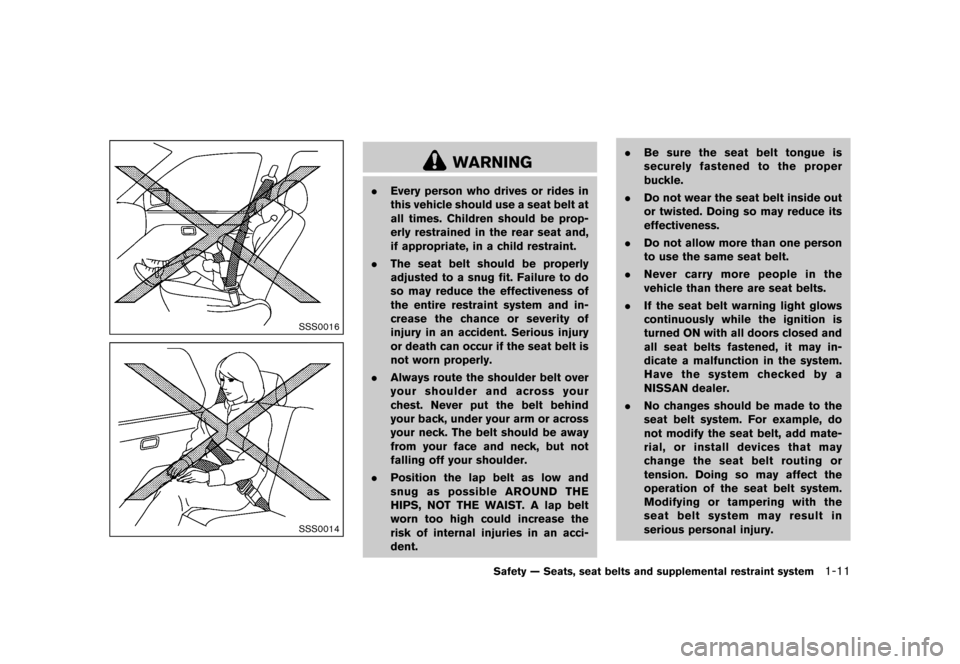 NISSAN JUKE 2016 F15 / 1.G User Guide ������
�> �(�G�L�W� ����� �� � �0�R�G�H�O� �)���� �@
SSS0016
SSS0014
WARNING
.Every person who drives or rides in
this vehicle should use a seat belt at
all times. Children should 