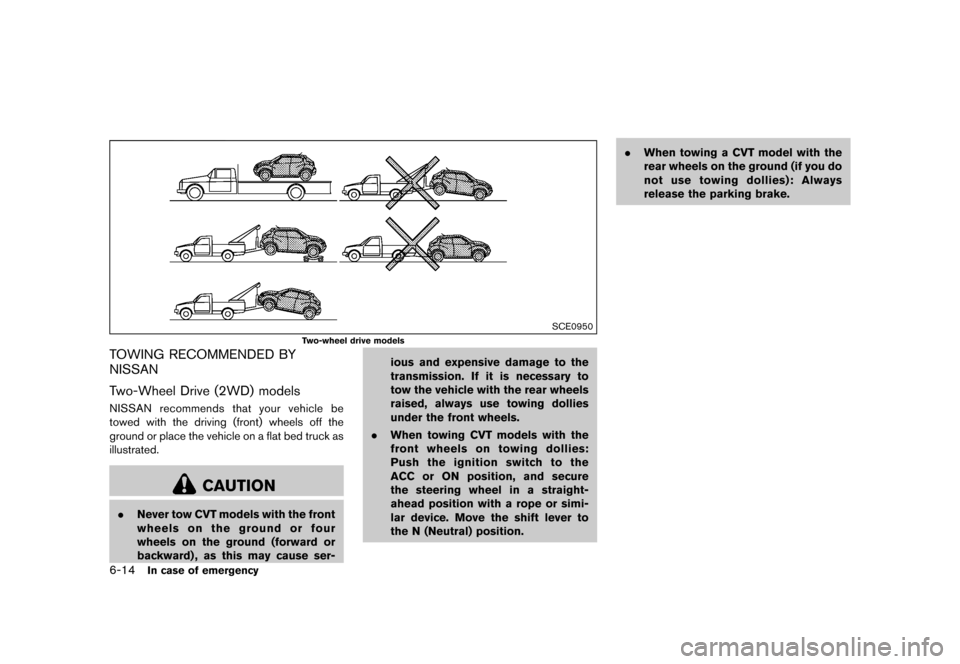 NISSAN JUKE 2016 F15 / 1.G Owners Manual �������
�> �(�G�L�W� ����� �� � �0�R�G�H�O� �)���� �@
6-14In case of emergency
SCE0950
Two-wheel drive models
TOWING RECOMMENDED BY
NISSAN
GUID-09B962BF-4170-4F2F-83C9-E1E70F0C2C5