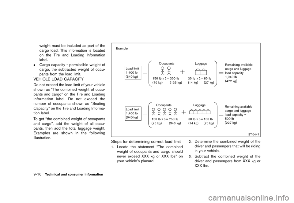 NISSAN JUKE 2016 F15 / 1.G Owners Manual �������
�> �(�G�L�W� ����� �� � �0�R�G�H�O� �)���� �@
9-16Technical and consumer information
weight must be included as part of the
cargo load. This information is located
on the 