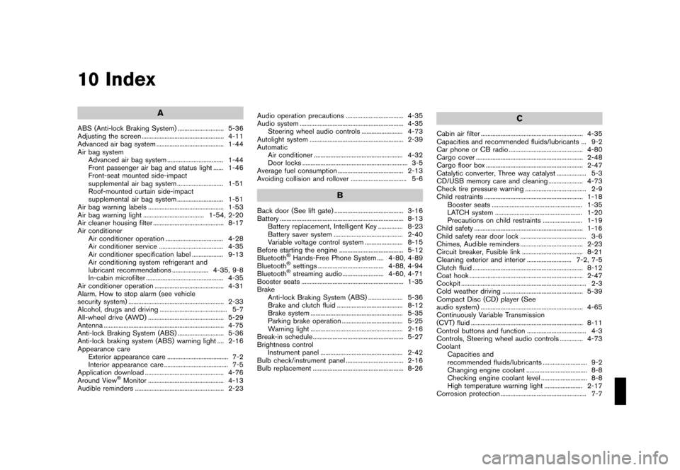 NISSAN JUKE 2016 F15 / 1.G Owners Manual �������
�> �(�G�L�W� ����� �� � �0�R�G�H�O� �)���� �@
10 Index
A
ABS (Anti-lock Braking System)...
............................ 5-36
Adjusting the screen ...
.....................