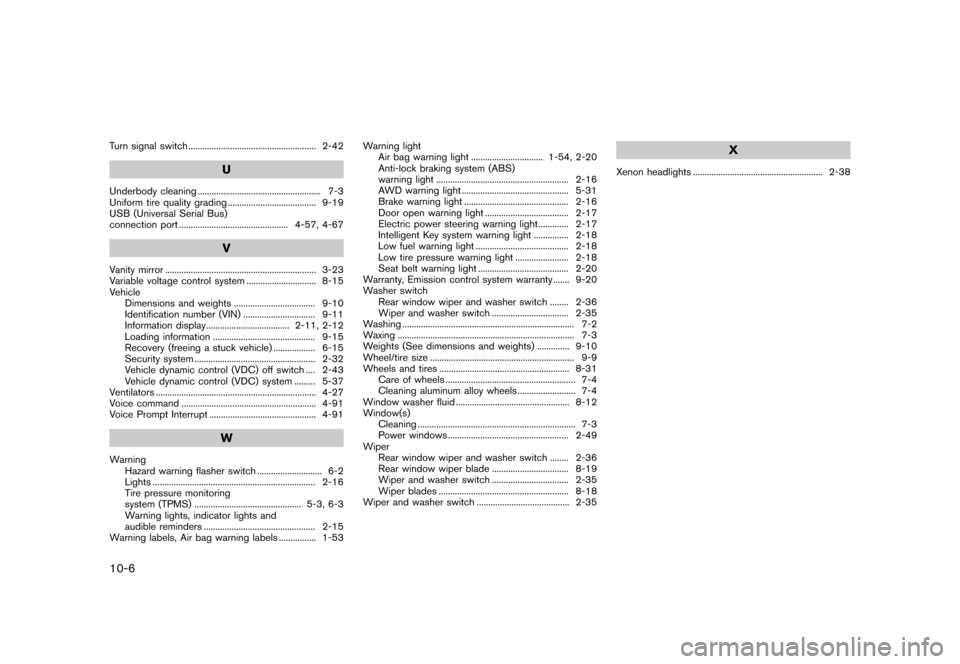 NISSAN JUKE 2016 F15 / 1.G Owners Manual �������
�> �(�G�L�W� ����� �� � �0�R�G�H�O� �)���� �@
10-6
Turn signal switch...
....................................................... 2-42
U
Underbody cleaning ...
............