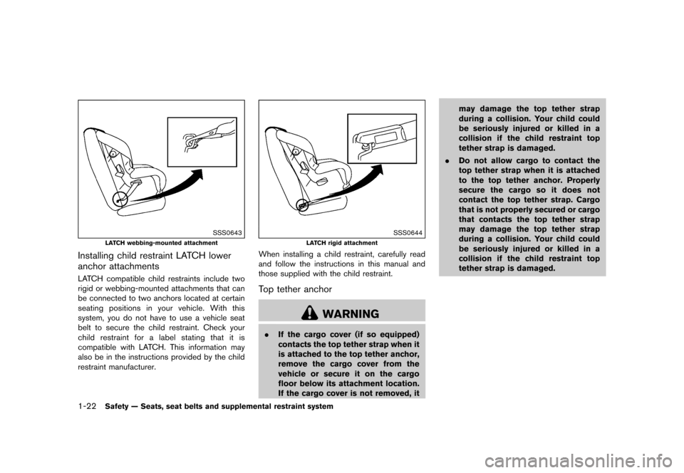NISSAN JUKE 2016 F15 / 1.G Owners Manual ������
�> �(�G�L�W� ����� �� � �0�R�G�H�O� �)���� �@
1-22Safety Ð Seats, seat belts and supplemental restraint system
SSS0643
LATCH webbing-mounted attachment
Installing child res