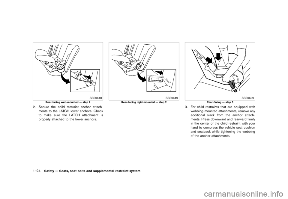 NISSAN JUKE 2016 F15 / 1.G Service Manual ������
�> �(�G�L�W� ����� �� � �0�R�G�H�O� �)���� �@
1-24Safety Ð Seats, seat belts and supplemental restraint system
SSS0648
Rear-facing web-mounted Ð step 2
2. Secure the child