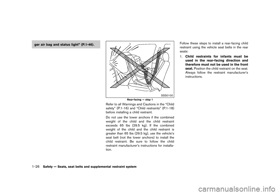 NISSAN JUKE 2016 F15 / 1.G Service Manual ������
�> �(�G�L�W� ����� �� � �0�R�G�H�O� �)���� �@
1-26Safety Ð Seats, seat belts and supplemental restraint system
ger air bag and status lightº (P.1-46) .
SSS0100
Rear-facing