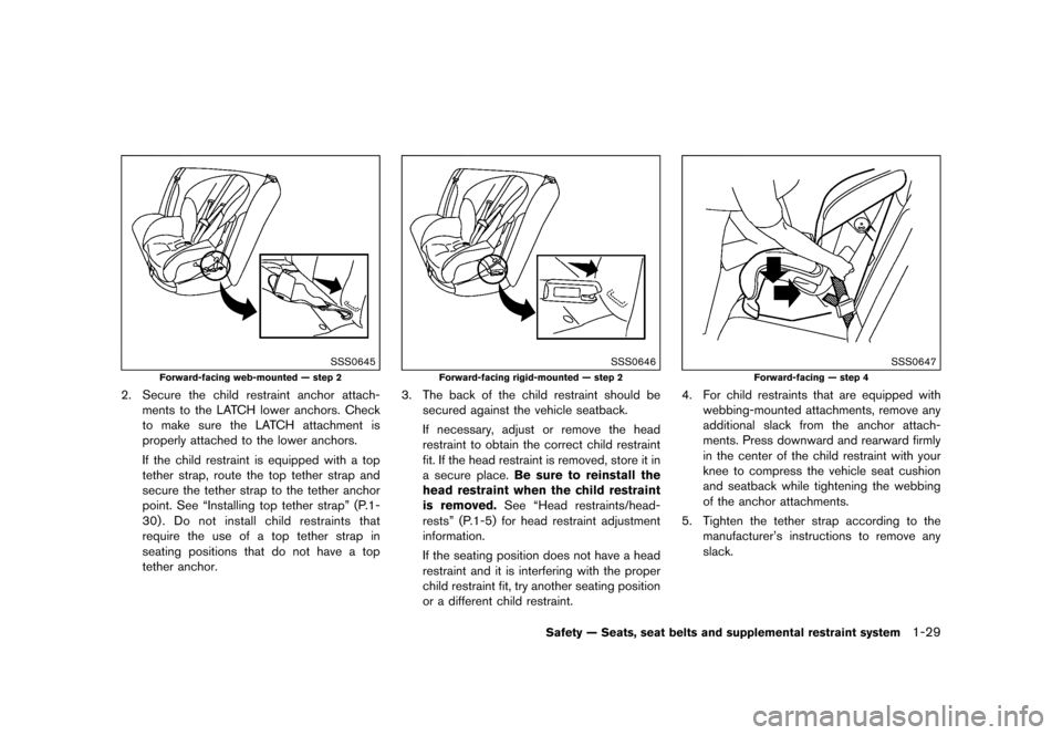 NISSAN JUKE 2016 F15 / 1.G Service Manual ������
�> �(�G�L�W� ����� �� � �0�R�G�H�O� �)���� �@
SSS0645
Forward-facing web-mounted Ð step 2
2. Secure the child restraint anchor attach-ments to the LATCH lower anchors. Chec
