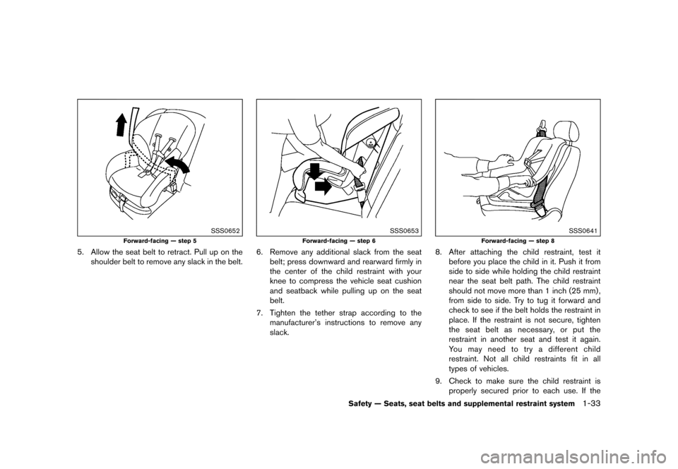 NISSAN JUKE 2016 F15 / 1.G Workshop Manual ������
�> �(�G�L�W� ����� �� � �0�R�G�H�O� �)���� �@
SSS0652
Forward-facing Ð step 5
5. Allow the seat belt to retract. Pull up on theshoulder belt to remove any slack in the belt