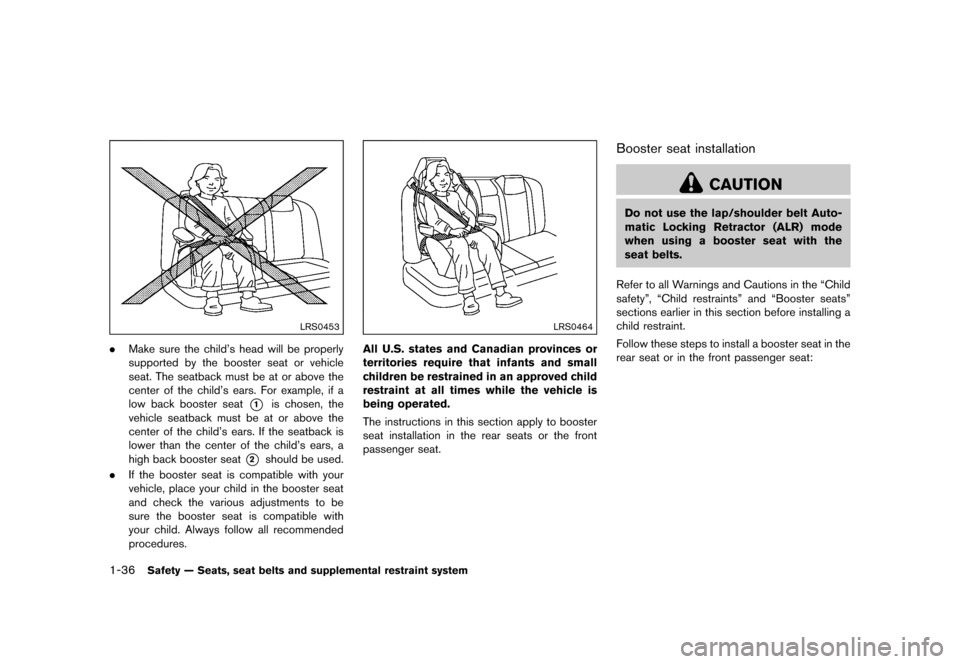 NISSAN JUKE 2016 F15 / 1.G Workshop Manual ������
�> �(�G�L�W� ����� �� � �0�R�G�H�O� �)���� �@
1-36Safety Ð Seats, seat belts and supplemental restraint system
LRS0453
.Make sure the childs head will be properly
supporte