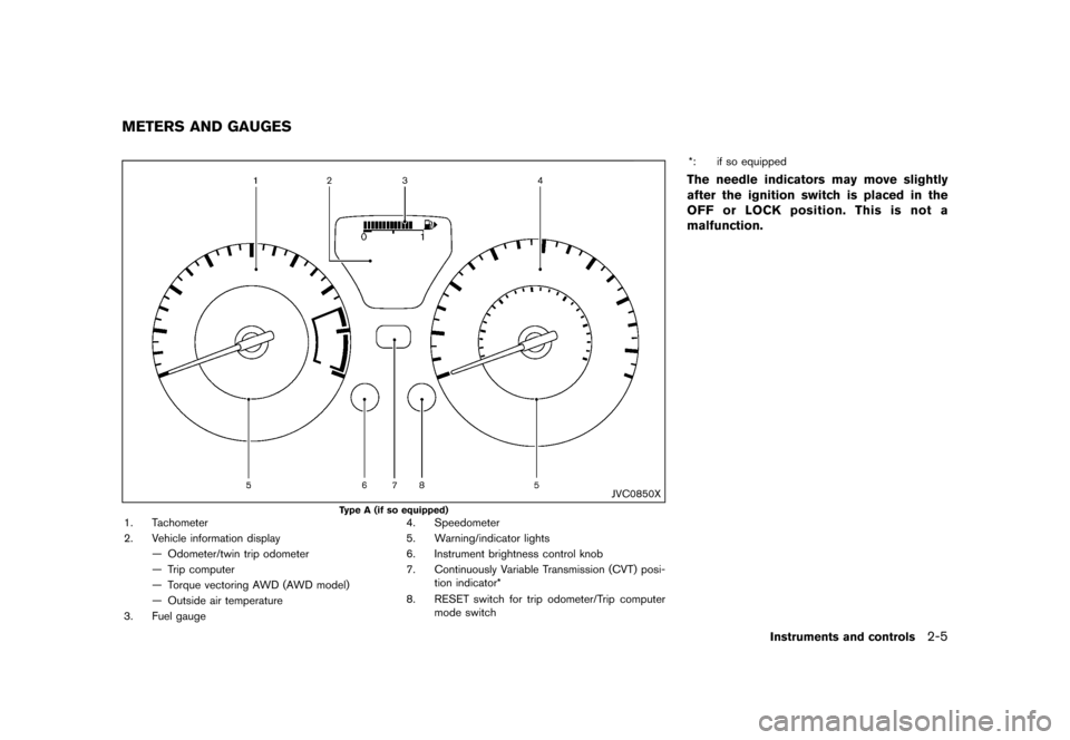 NISSAN JUKE 2016 F15 / 1.G Owners Manual ������
�> �(�G�L�W� ����� �� � �0�R�G�H�O� �)���� �@
GUID-DF36AE97-4508-4B81-8D84-DB4C25F6792E
JVC0850X
Type A (if so equipped)1. Tachometer
2. Vehicle information displayÐ Odomet