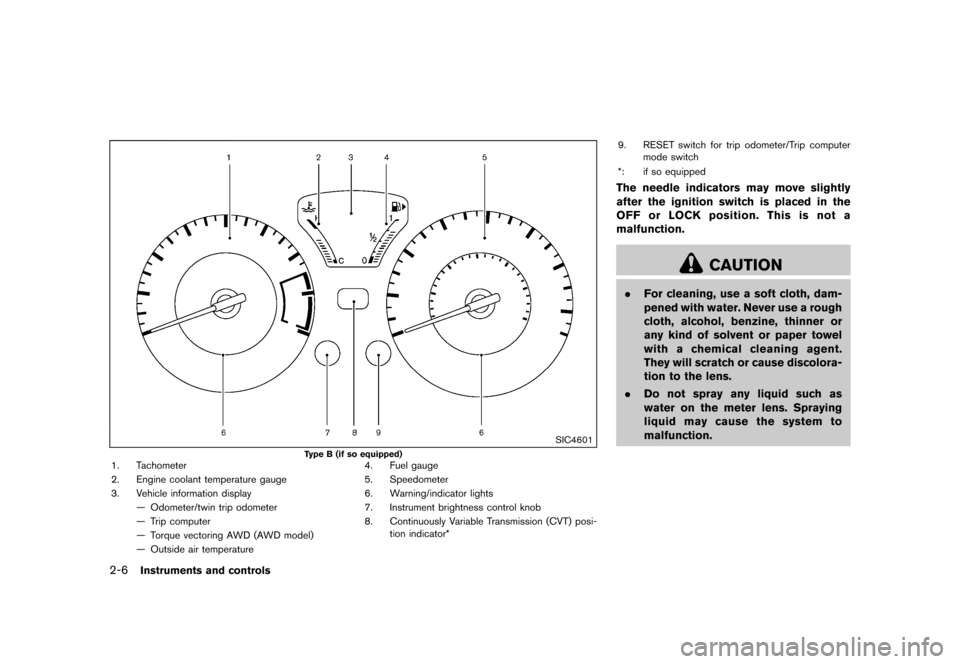 NISSAN JUKE 2016 F15 / 1.G Owners Manual ������
�> �(�G�L�W� ����� �� � �0�R�G�H�O� �)���� �@
2-6Instruments and controls
SIC4601
Type B (if so equipped)1. Tachometer
2. Engine coolant temperature gauge
3. Vehicle informa