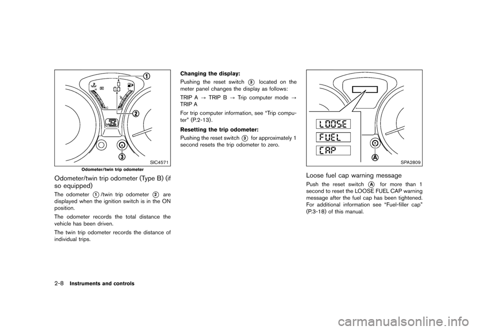 NISSAN JUKE 2016 F15 / 1.G Manual Online ������
�> �(�G�L�W� ����� �� � �0�R�G�H�O� �)���� �@
2-8Instruments and controls
SIC4571
Odometer/twin trip odometer
Odometer/twin trip odometer (Type B) (if
so equipped)
GUID-8282