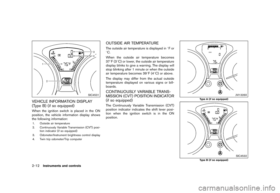 NISSAN JUKE 2016 F15 / 1.G Manual Online ������
�> �(�G�L�W� ����� �� � �0�R�G�H�O� �)���� �@
2-12Instruments and controls
SIC4531
VEHICLE INFORMATION DISPLAY
(Type B) (if so equipped)
GUID-AF3BD135-ACE2-43DA-A3C3-324557A