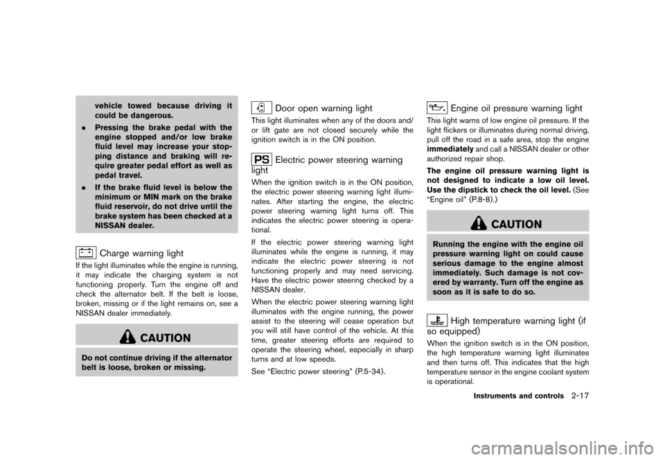 NISSAN JUKE 2016 F15 / 1.G Owners Manual ������
�> �(�G�L�W� ����� �� � �0�R�G�H�O� �)���� �@
vehicle towed because driving it
could be dangerous.
. Pressing the brake pedal with the
engine stopped and/or low brake
fluid 